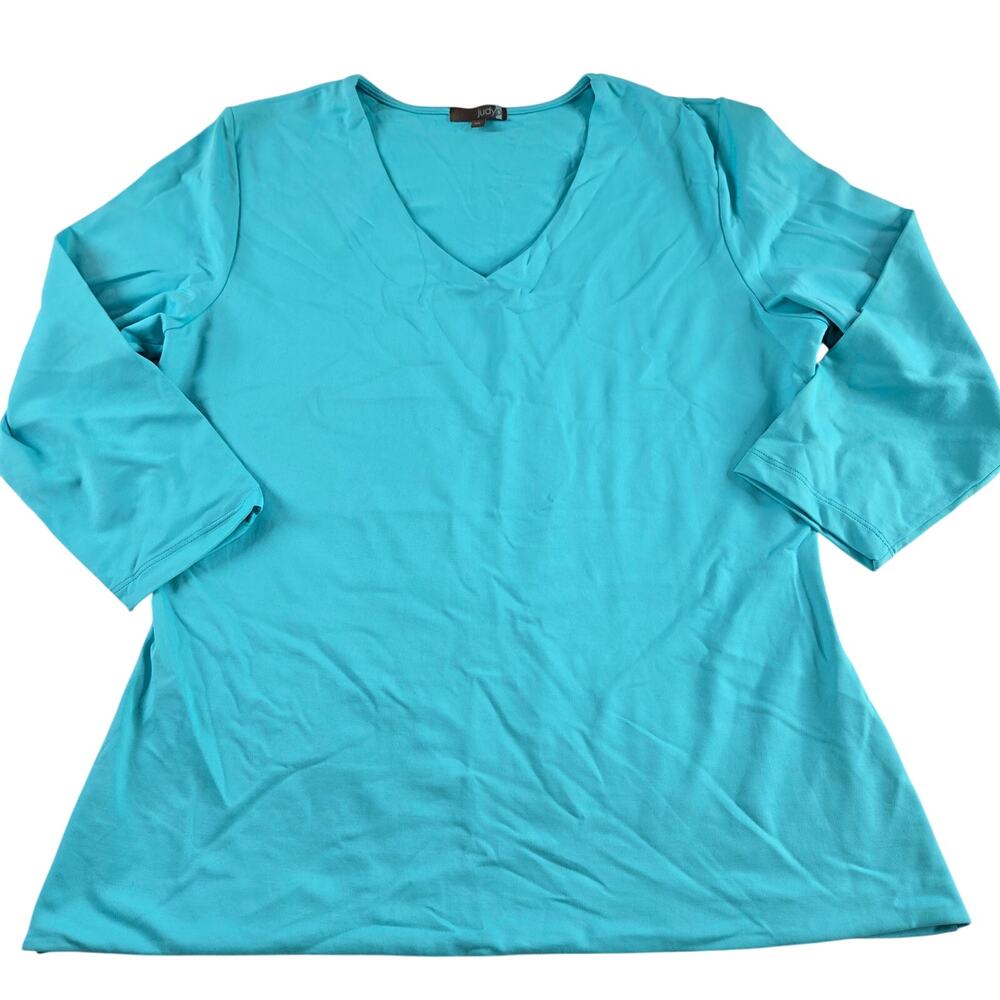 Judy P V-Neck Top Turquoise Aqua Blue Size XL 3/4 Sleeves Stretch Nylon Shirt
